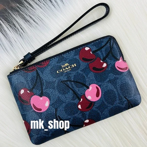 COACH Signature Corner Zip Wristlet Cherry Print - Picture 2 of 12